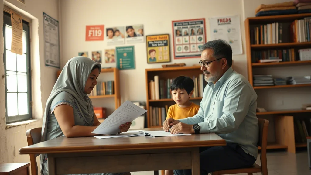 Familia siendo atendida por personal escolar para un estudio socioeconómico escolar