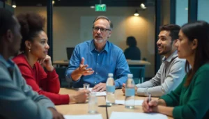 Moderador liderando un focus group en Querétaro, facilitando la discusión entre participantes diversos en un entorno profesional.