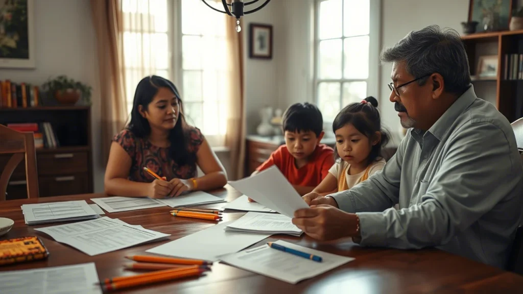 Familia mexicana revisando documentos escolares para completar un estudio socioeconómico escolar