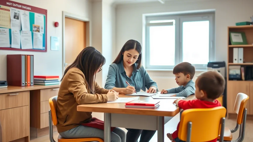 Padre e hijo llenando un estudio socioeconómico escolar con apoyo del personal escolar