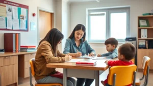 Padre e hijo llenando un estudio socioeconómico escolar con apoyo del personal escolar