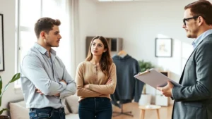 Pareja joven hablando con un arrendador en un departamento durante un estudio socioeconómico para arrendamiento