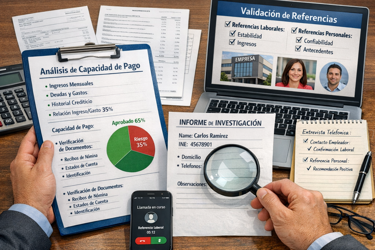 Análisis detallado de capacidad de pago y validación de referencias de un prospecto a inquilino mediante investigación.
