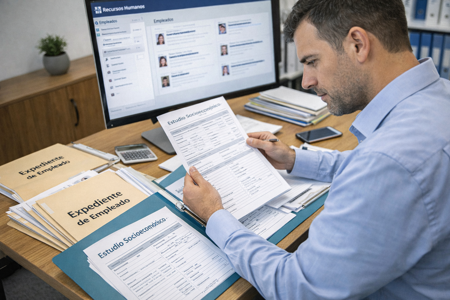 Analista de recursos humanos revisando expedientes y estudios socioeconómicos antes de autorizar la capacitación laboral.