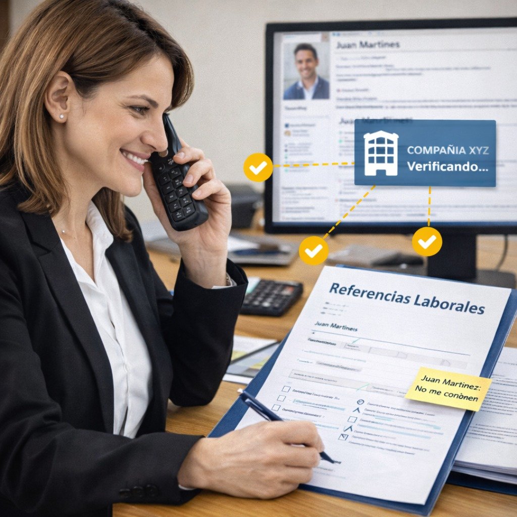 Analista de recursos humanos validando referencias laborales por teléfono y cruzando datos.