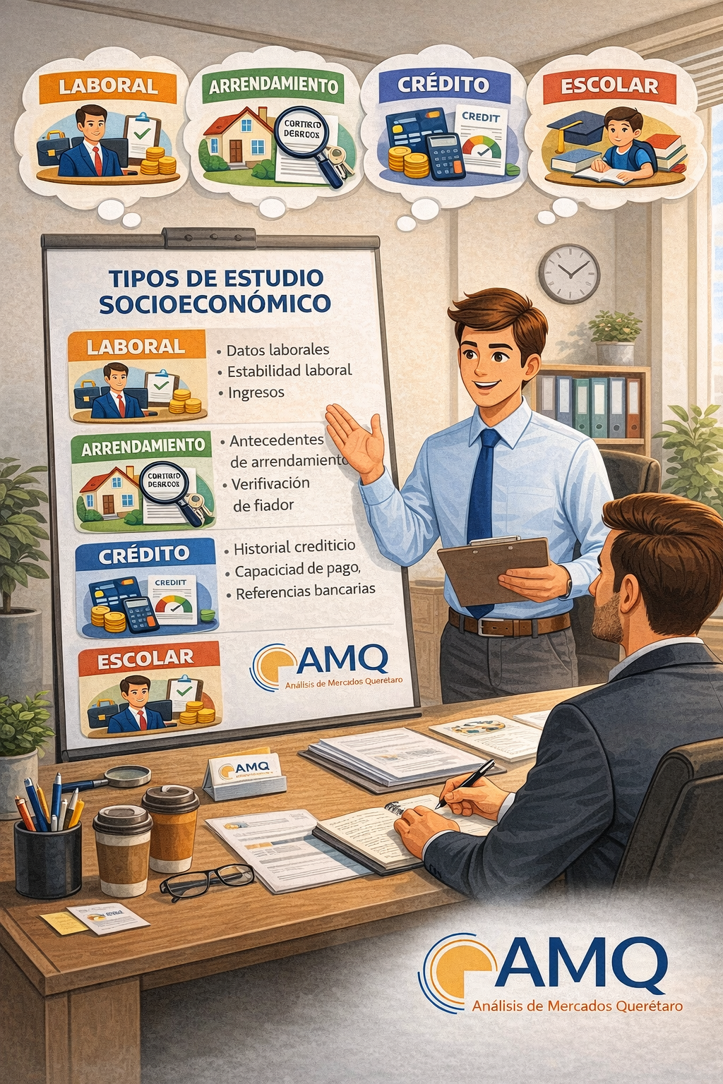 Asesor de AMQ explicando los tipos de estudio socioeconómico a un cliente corporativo.