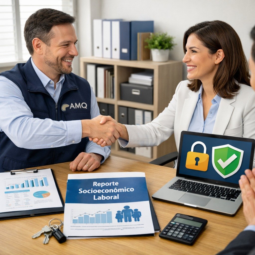 Asesores de AMQ cerrando un trato comercial seguro tras un estudio socioeconómico laboral.