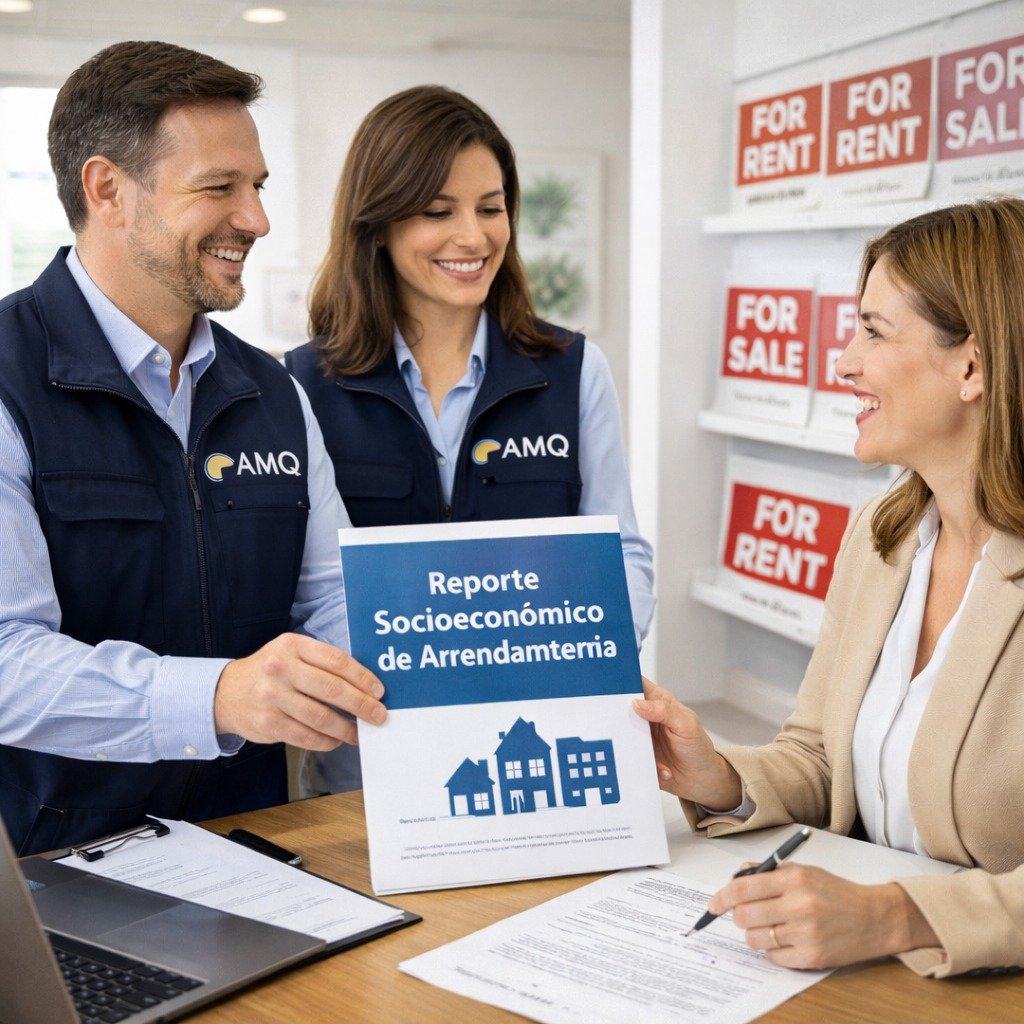 Asesores de AMQ entregando un reporte de estudio socioeconómico de arrendamiento a una inmobiliaria para firmar un contrato.