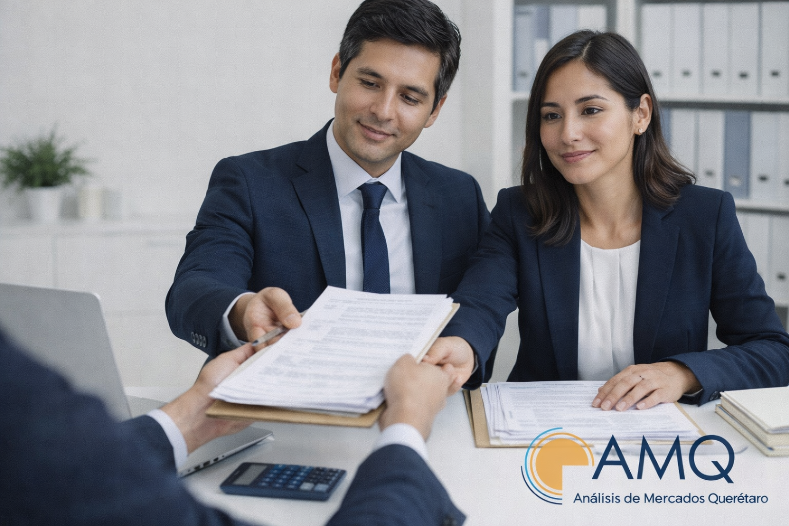 Asesores de AMQ recibiendo documentación para iniciar un estudio socioeconómico.