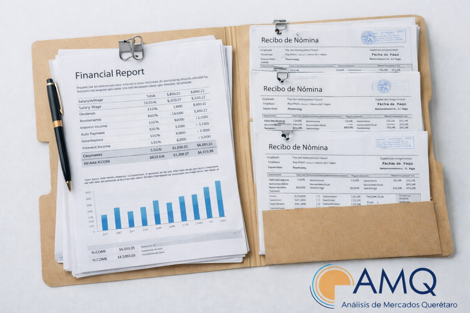 Carpeta con documentos financieros y recibos de nómina listos para revisión.