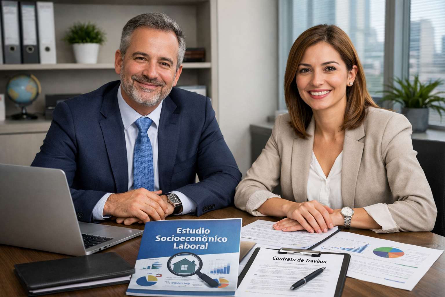 Empresario y gerente de recursos humanos tranquilos tras asegurar sus contrataciones con un estudio socioeconómico laboral profesional.