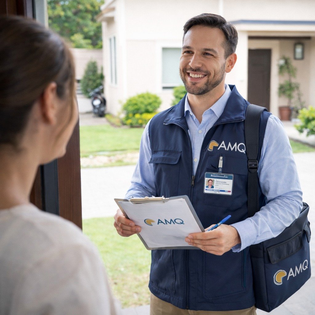 Encuestador profesional de agencia llegando a realizar una visita domiciliaria para validar datos de un candidato.