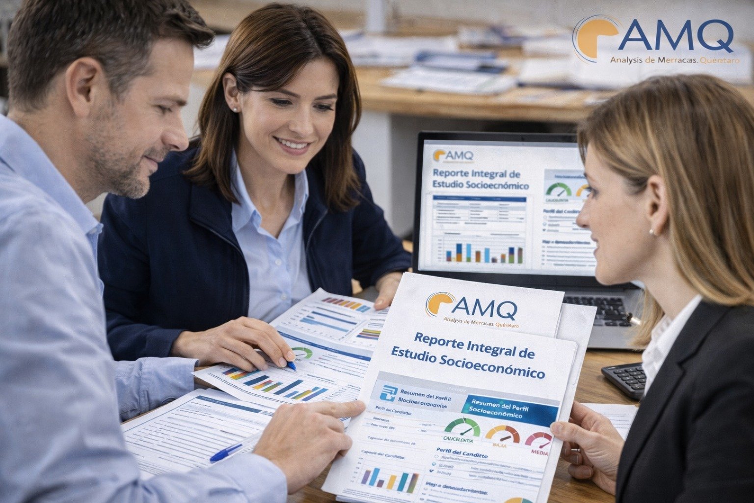 Equipo de AMQ analizando datos para entregar un estudio socioeconómico confiable.