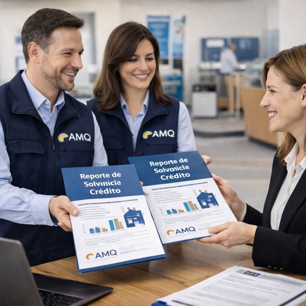 Equipo de analistas de crédito de AMQ entregando reportes de solvencia a una institución financiera.