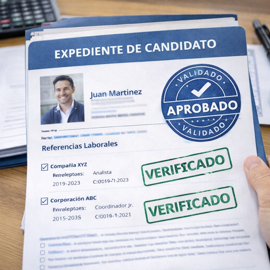 Expediente de candidato con referencias verificadas y sellos de validación.