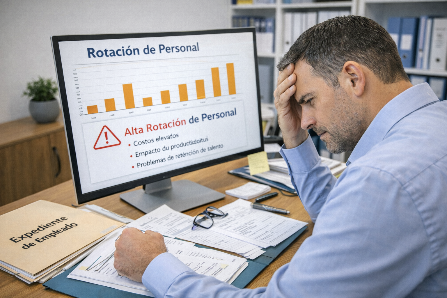 Gerente de recursos humanos preocupado por la alta rotación de personal en su empresa.