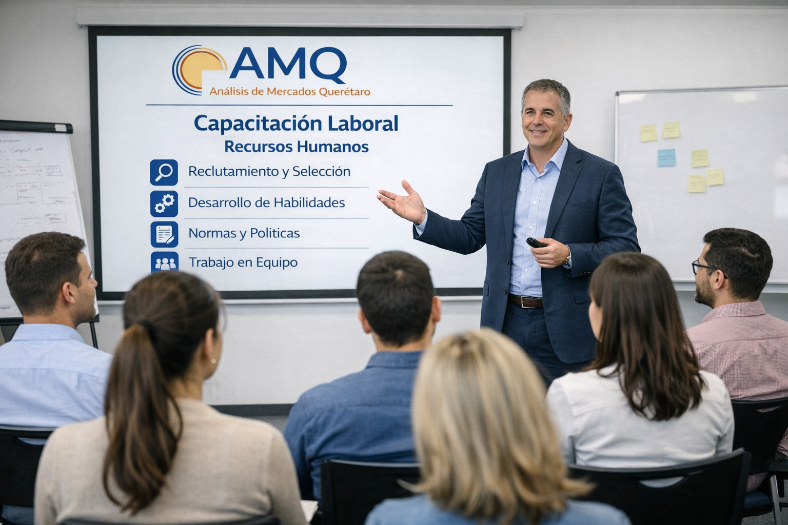 Grupo de empleados en una sala recibiendo capacitación laboral impartida por un experto de recursos humanos.