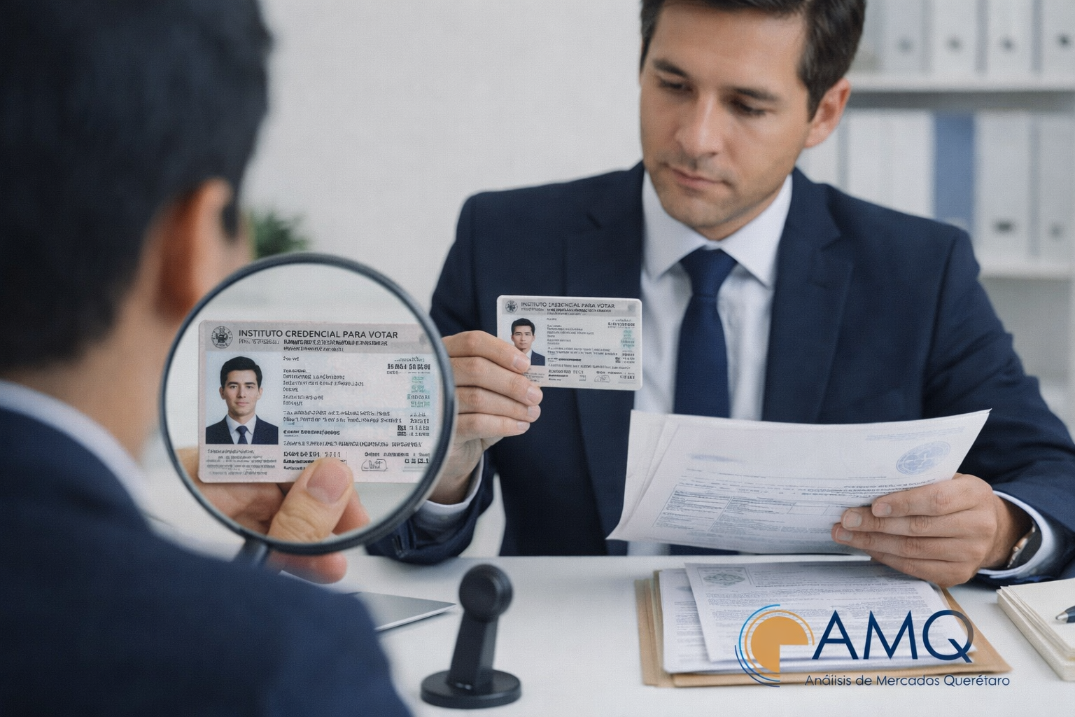 Investigador validando documentos oficiales e identificación INE durante la entrevista.