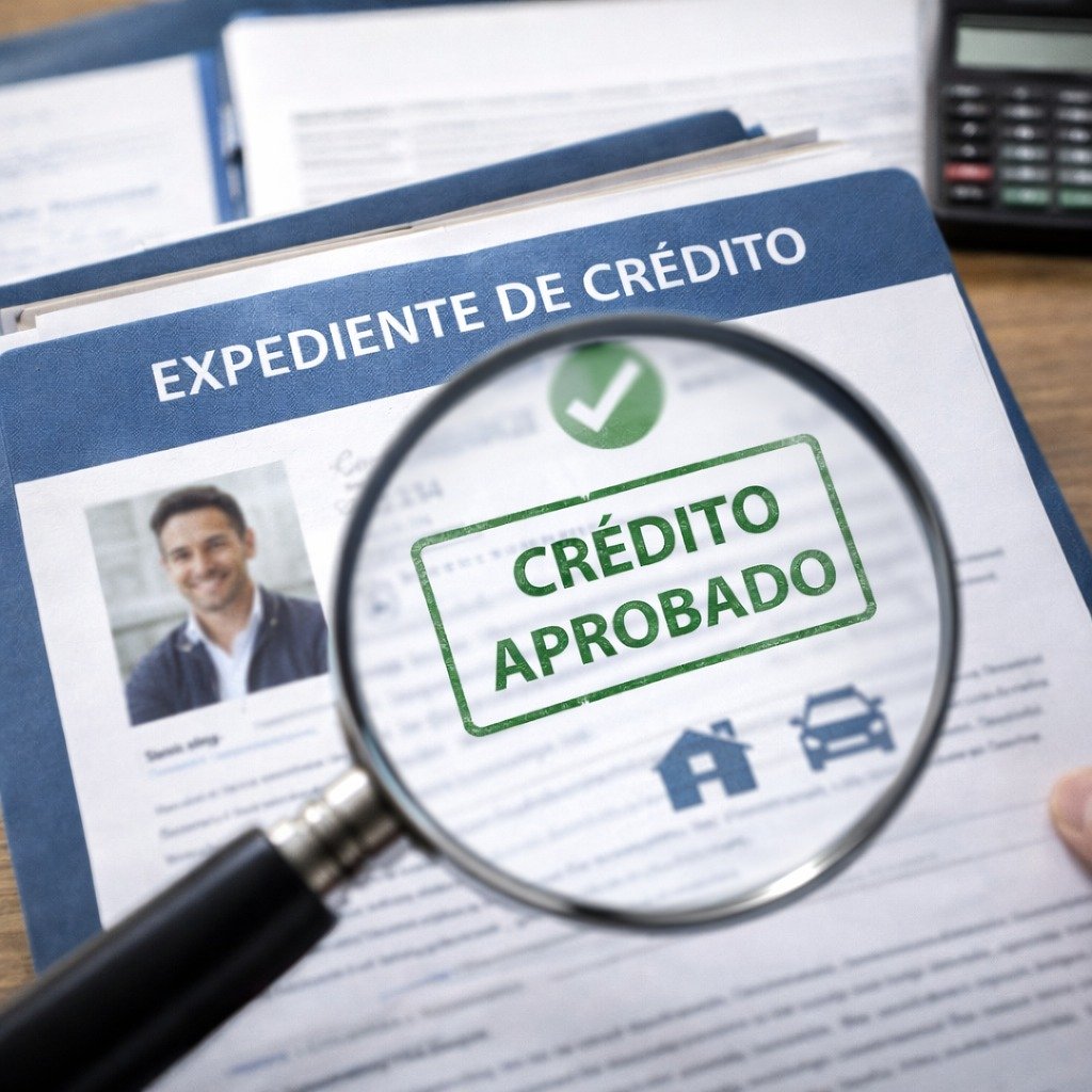 Lupa analizando un expediente de crédito aprobado tras validación socioeconómica y visita domiciliaria.