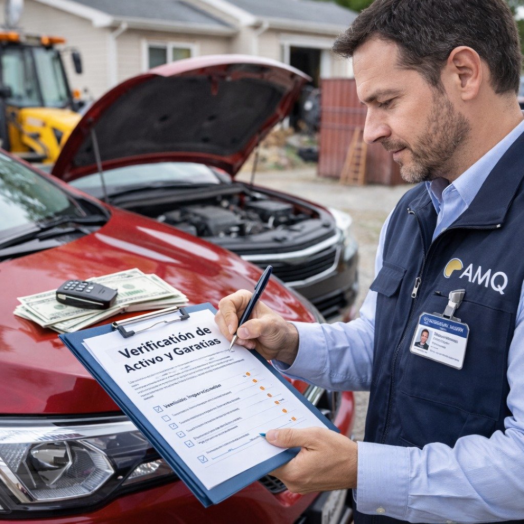 Verificación de activos y garantías prendarias durante una visita ocular para aprobación de crédito seguro.