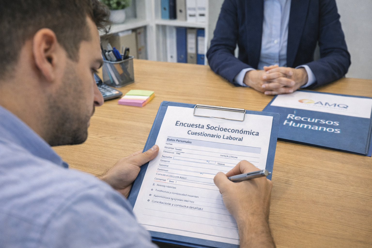 Candidato llenando una encuesta socioeconómica o cuestionario laboral en una oficina de recursos humanos.