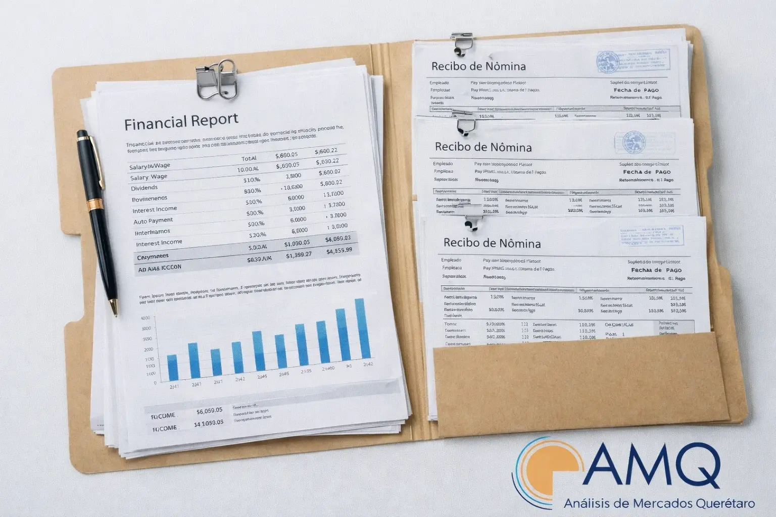Carpeta con documentos financieros y recibos de nómina listos para revisión.