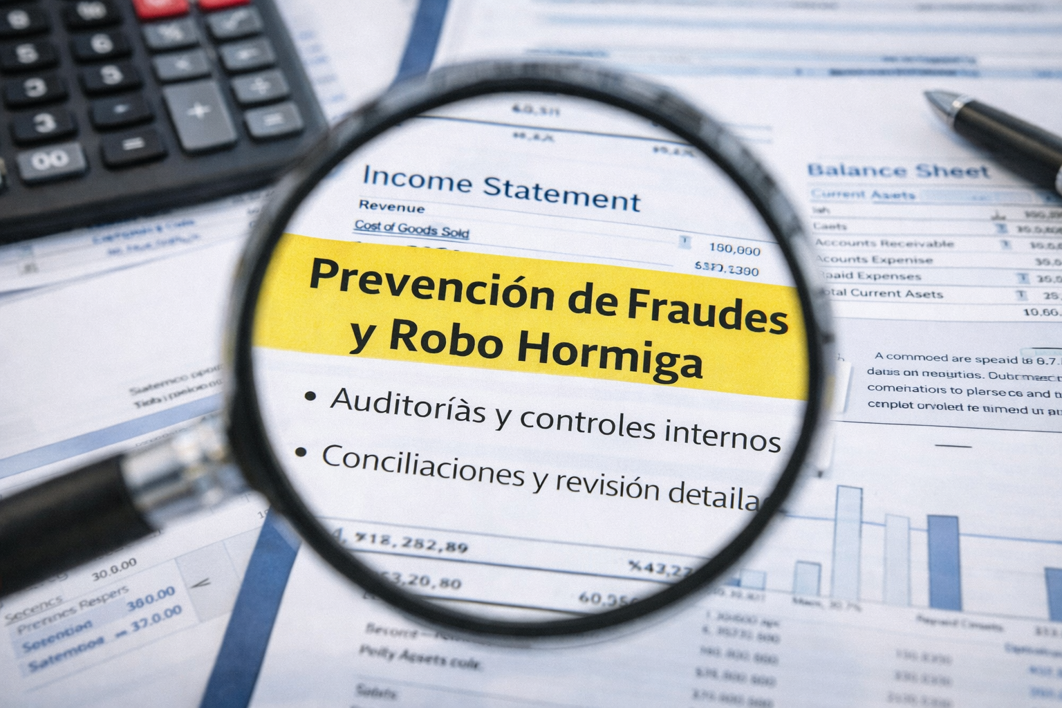 Lupa sobre documentos financieros previniendo fraudes y robo hormiga.