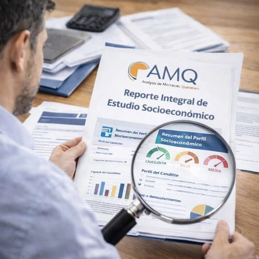 Analista revisando un reporte integral de estudio socioeconómico con lupa y documentos.