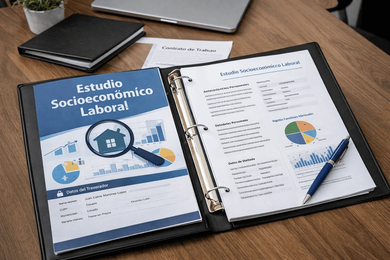 Carpeta con un ejemplo de estudio socioeconómico laboral impreso y un bolígrafo sobre un escritorio de recursos humanos.
