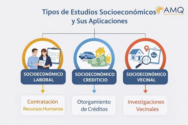Gráfica mostrando los diferentes tipos de estudios socioeconómicos y sus aplicaciones.