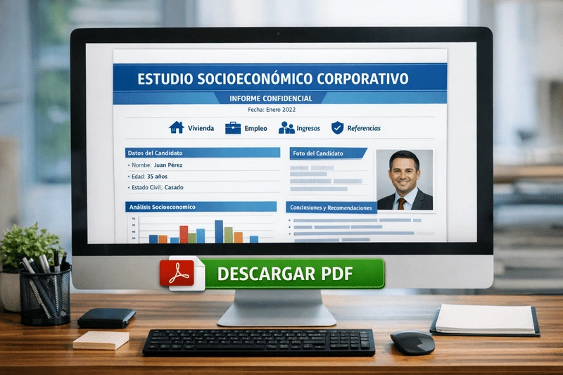 Pantalla de computadora mostrando un estudio socioeconómico corporativo listo para ser descargado en formato PDF.