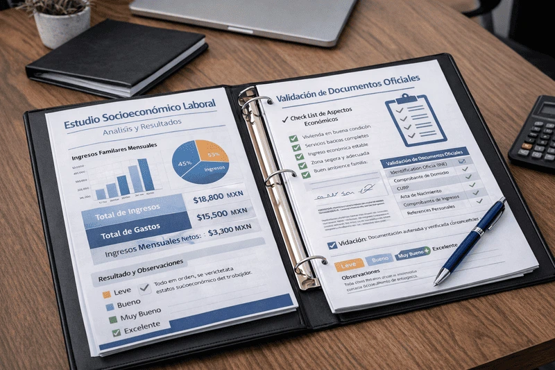Sección del formato de un estudio socioeconómico mostrando gráficas, checklist y validación de documentos oficiales.